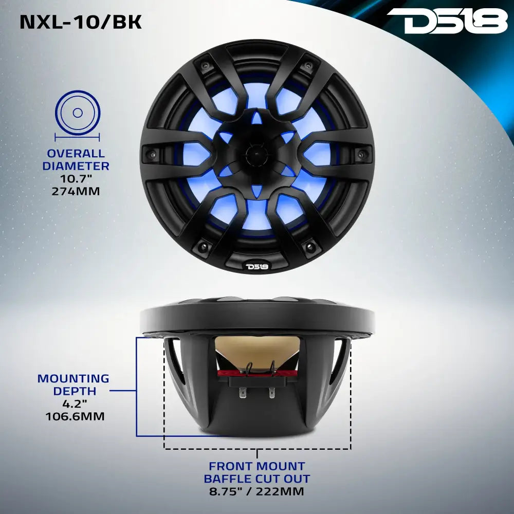 NXL 10’’ 2-Way Coaxial Marine Speaker With LED RGB Lights 200Watts Rms 4-Ohm -Black