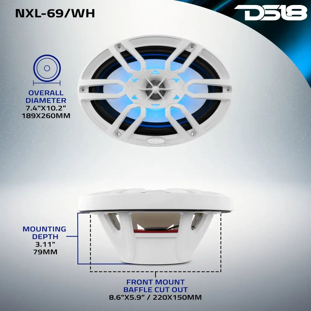 NXL 6x9’’ 2-Way Coaxial Marine Speaker With LED RGB Lights 125 Watts Rms 4-Ohm -White
