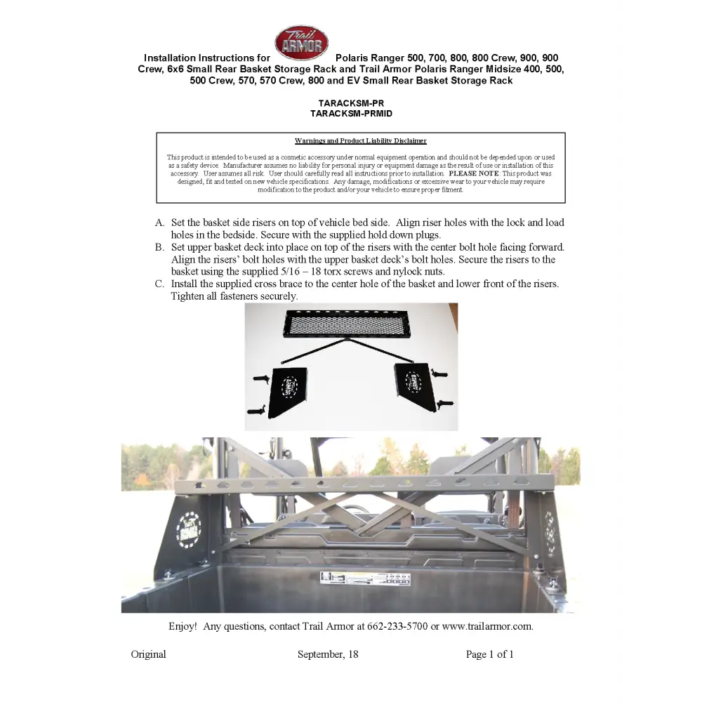 Trail Armor Polaris Ranger Midsize 400 500 500 Crew 570 800 ETX and EV Small Rear Basket Storage Rack - Racks