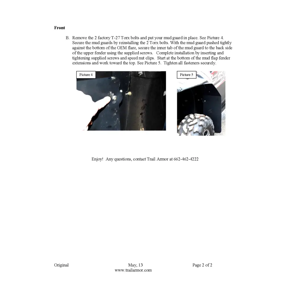 Trail Armor RZR 800 S and RZR 4 800 Mud Flap Fender Extensions for RZRS style Fender Flares - Mudshields