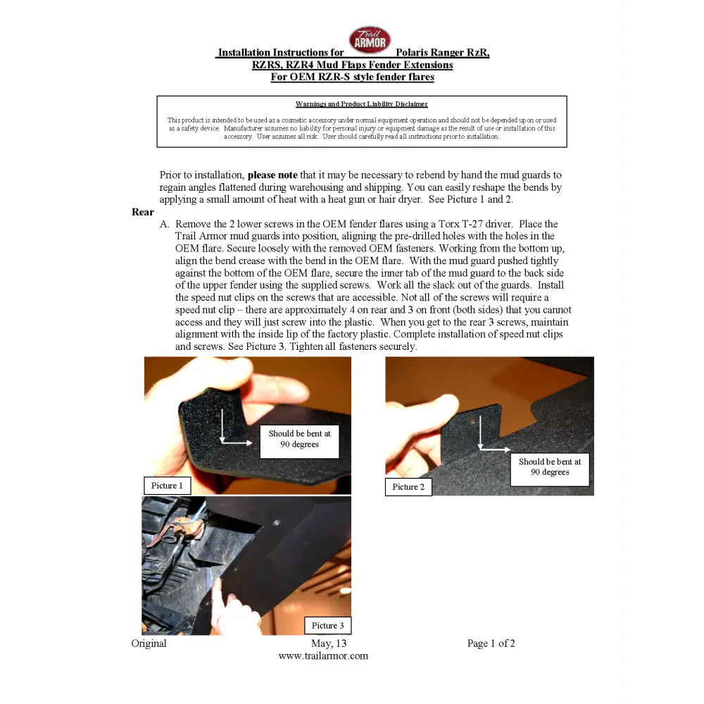 Trail Armor RZRS and RZR4 Mud Flap Fender Extensions for RZRS style Fender Flares REAR ONLY - Mudshields