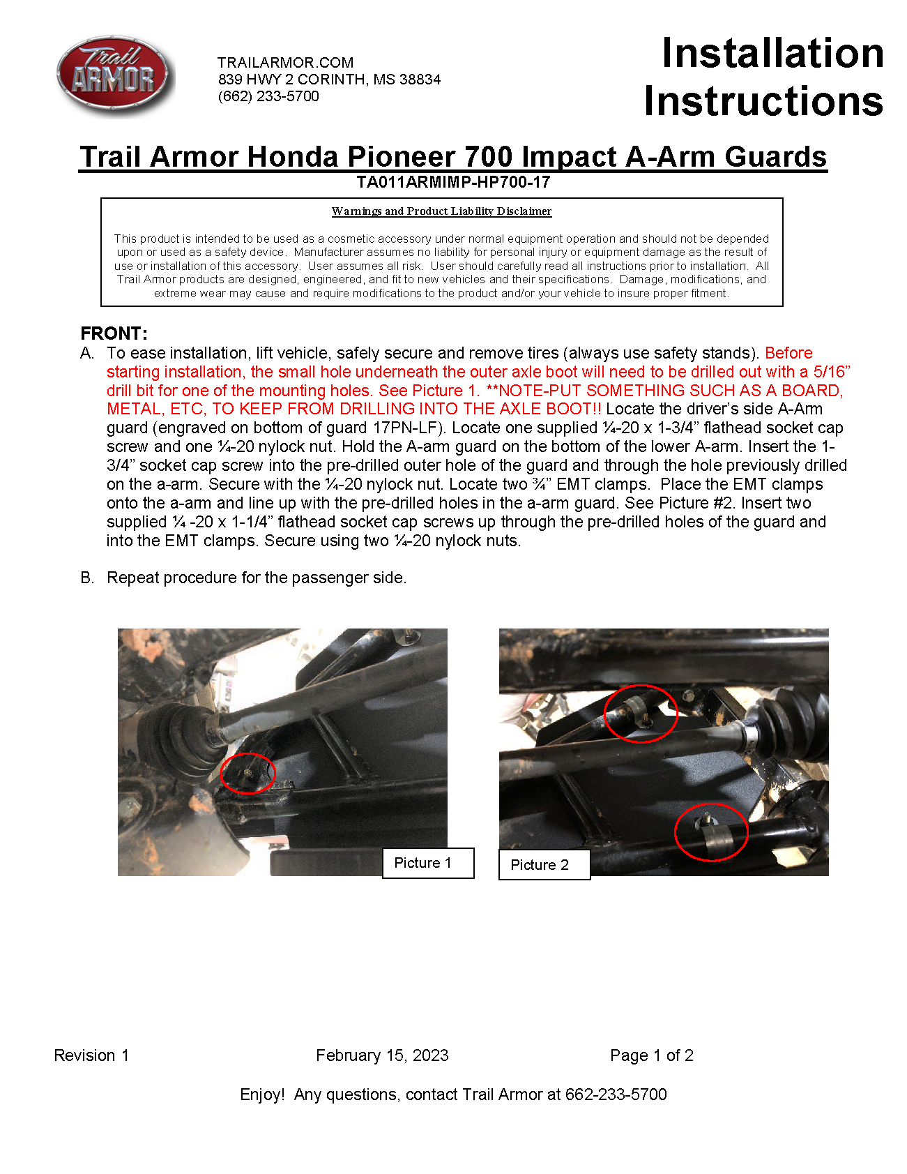 Trail Armor Honda Pioneer 700 and Honda Pioneer 700-4 iMpact A-Arm Guards 2014-2024