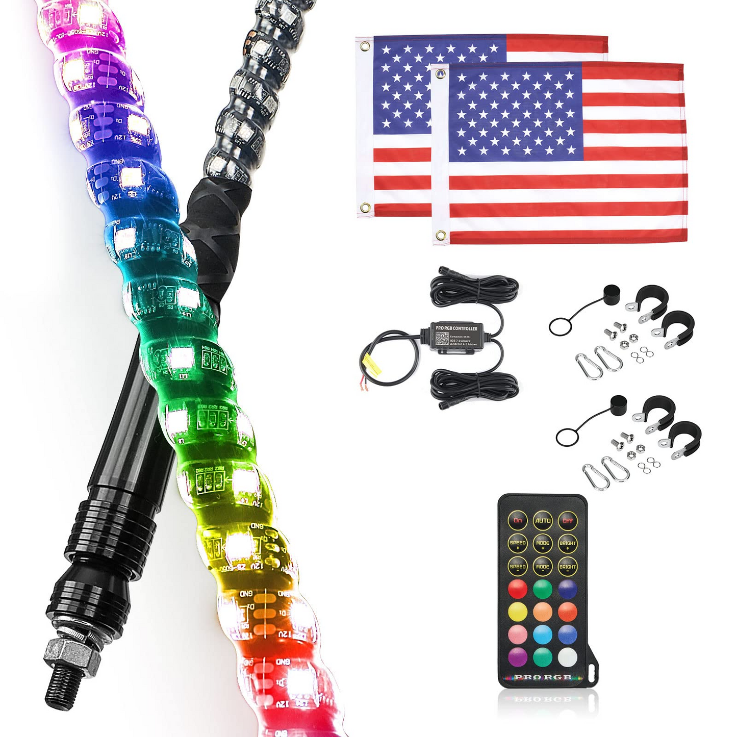 4FT Spiral Whip Light with RF Remote Control 366 colors 2 pcs