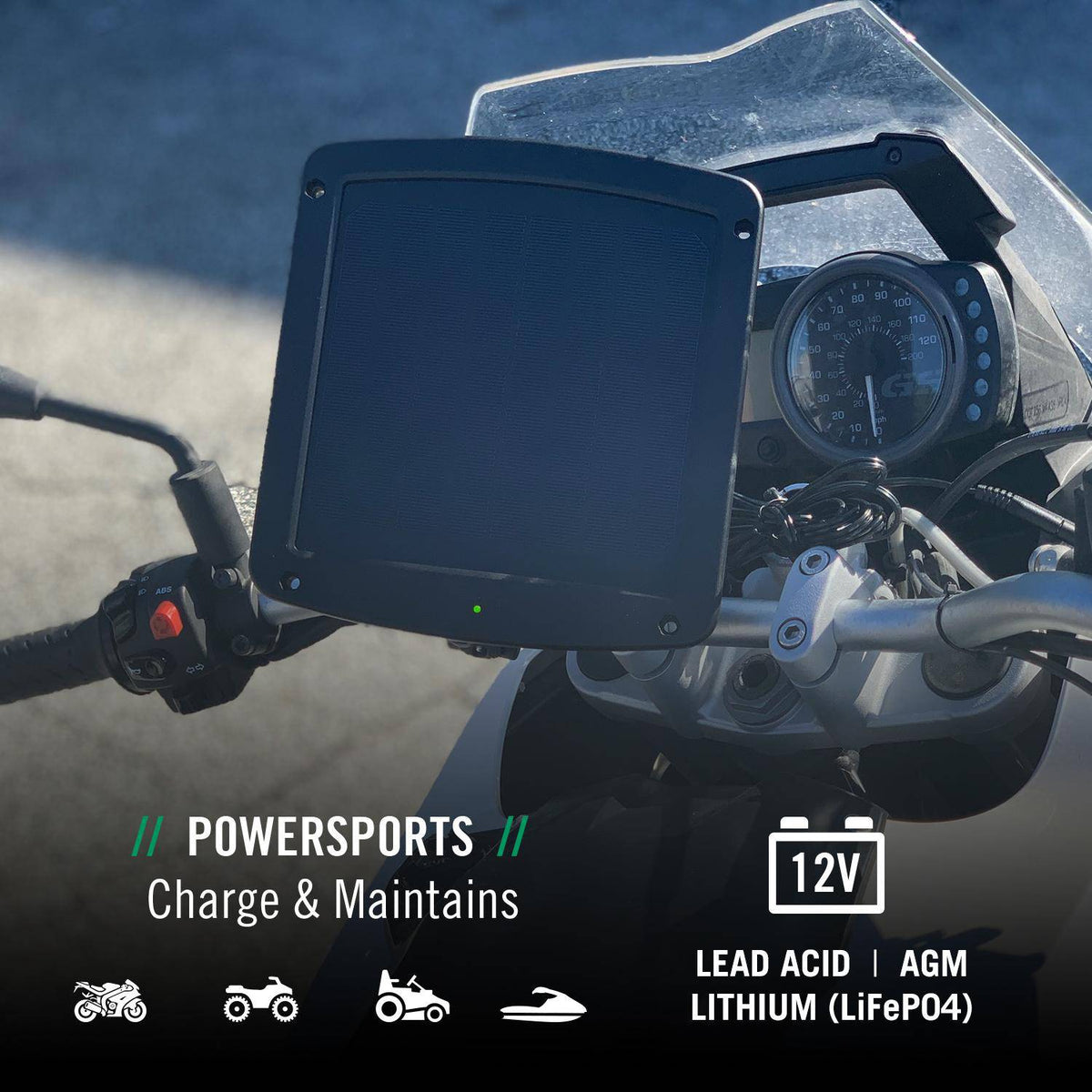 5 Watt Solar 12V Battery Charger with Handlebar Mount - Battery