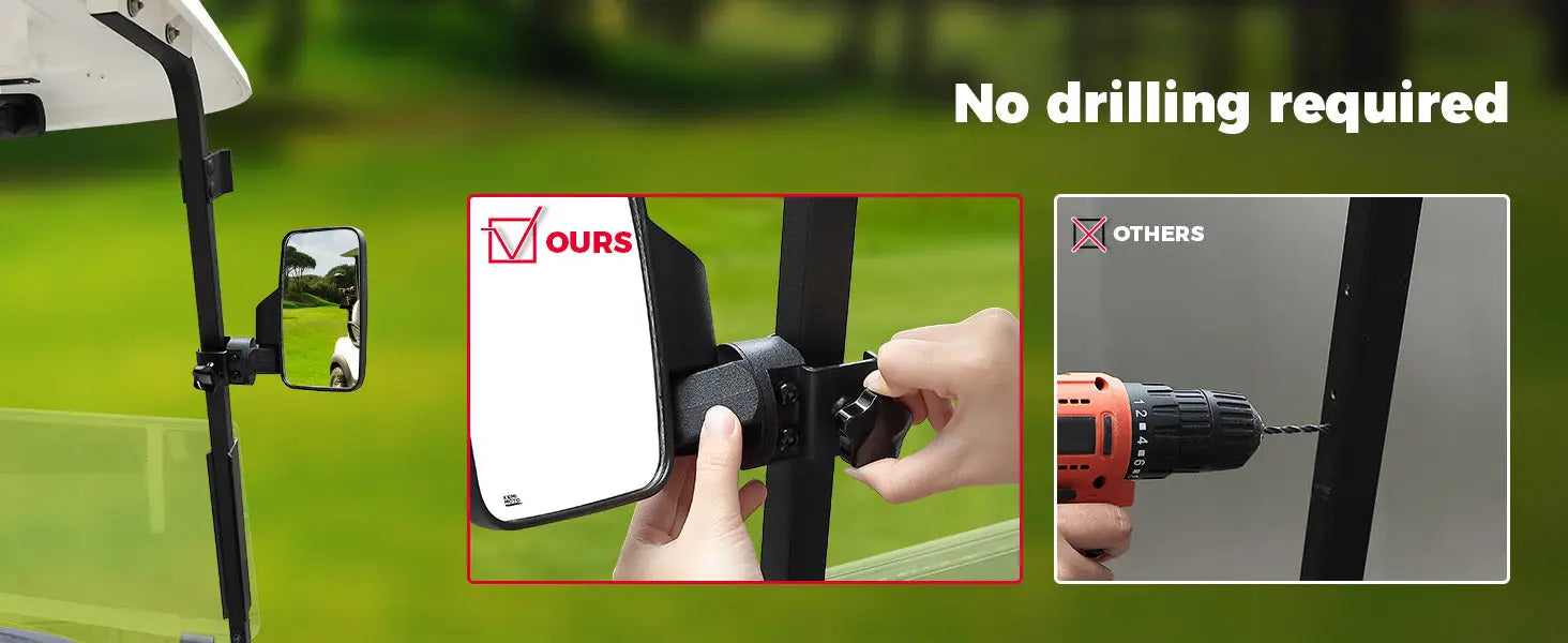 No-Drilling Required Golf Cart Side Mirrors for 0.75"-1.25" Square Rail