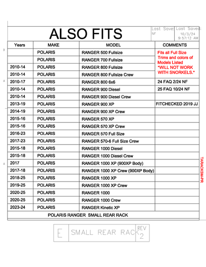 Trail Armor Polaris 500, 700, 800, 800 Crew, 900 Diesel, 900 Diesel Crew, 800 6x6, 900 XP, 900 XP Crew, 570 XP, 570 XP Crew, 570, 570-6 Crew, 1000 Diesel, 1000 Diesel Crew, 1000 XP, 1000 XP Crew, 1000, 1000 Crew, Kinetic XP Small Rear Storage Rack