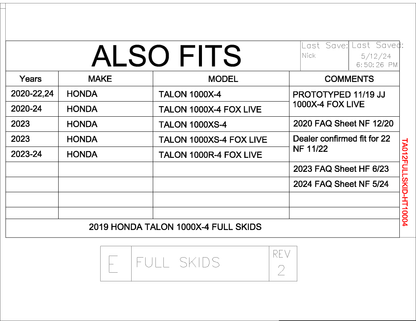 Trail Armor 2020 - 2022, 2024 Honda Talon 1000X-4, 2020 - 2024 Talon 1000S-4 Fox Live Valve, 2023 Talon 1000XS-4, Talon 1000XS-4 Fox Live Valve, 2023 - 2024 Talon 1000R-4 Fox Live Valve Full Skids