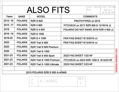 Trail Armor Polaris RZR S 900, RZR S 900 EPS, RZR 4 900 EPS, RZR S 4 900, RZR S 1000, RZR S 4 1000, RZR Trail S 900, RZR Trail S 1000, RZR Trail S 900 Sport, RZR Trail S 1000 Premium and RZR Trail S 1000 Ultimate iMpact A-Arm Guards