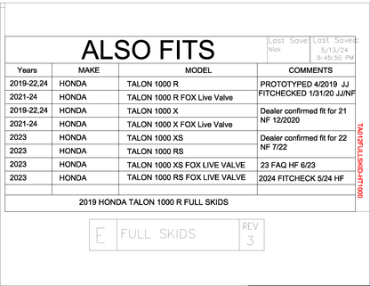 Trail Armor Honda Talon 1000 R, Talon 1000 X, Talon 1000 R Fox Live Valve, Talon X Fox Live Valve, Talon 1000 XS, Talon 1000 RS, Talon 100 XS Fox Live Valve, Talon 1000 RS Fox Live Valve Full Skids