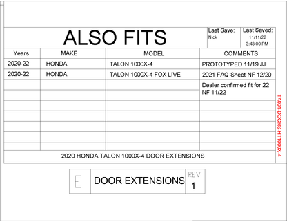 Trail Armor Honda Talon 1000X-4, 1000X-4 Live Valve Lower Door Insert Kit