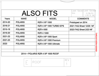 Trail Armor Polaris 2014 - 2023 RZR XP 4 1000 (Standard, Sport, Premium, Ultimate), 2016 - 2021 RZR XP 4 Turbo EPS, 2015 - 2018 RZR 4 900 and 2019  - 2020 RZR 4 1000 Hard Top Roof