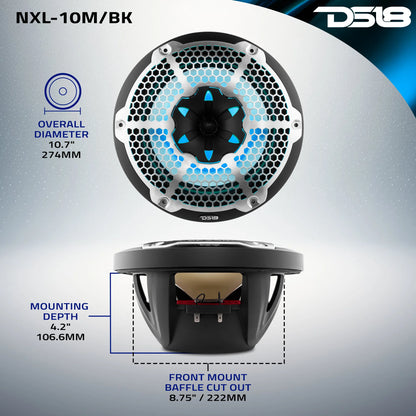 NXL 10" 2-Way Coaxial Marine Speaker With LED RGB Lights 200 Watts Rms 4-Ohm -Black