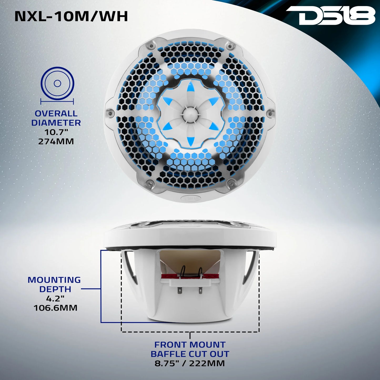 NXL 10" 2-Way Coaxial Marine Speaker With LED RGB Lights 200 Watts Rms 4-Ohm -White