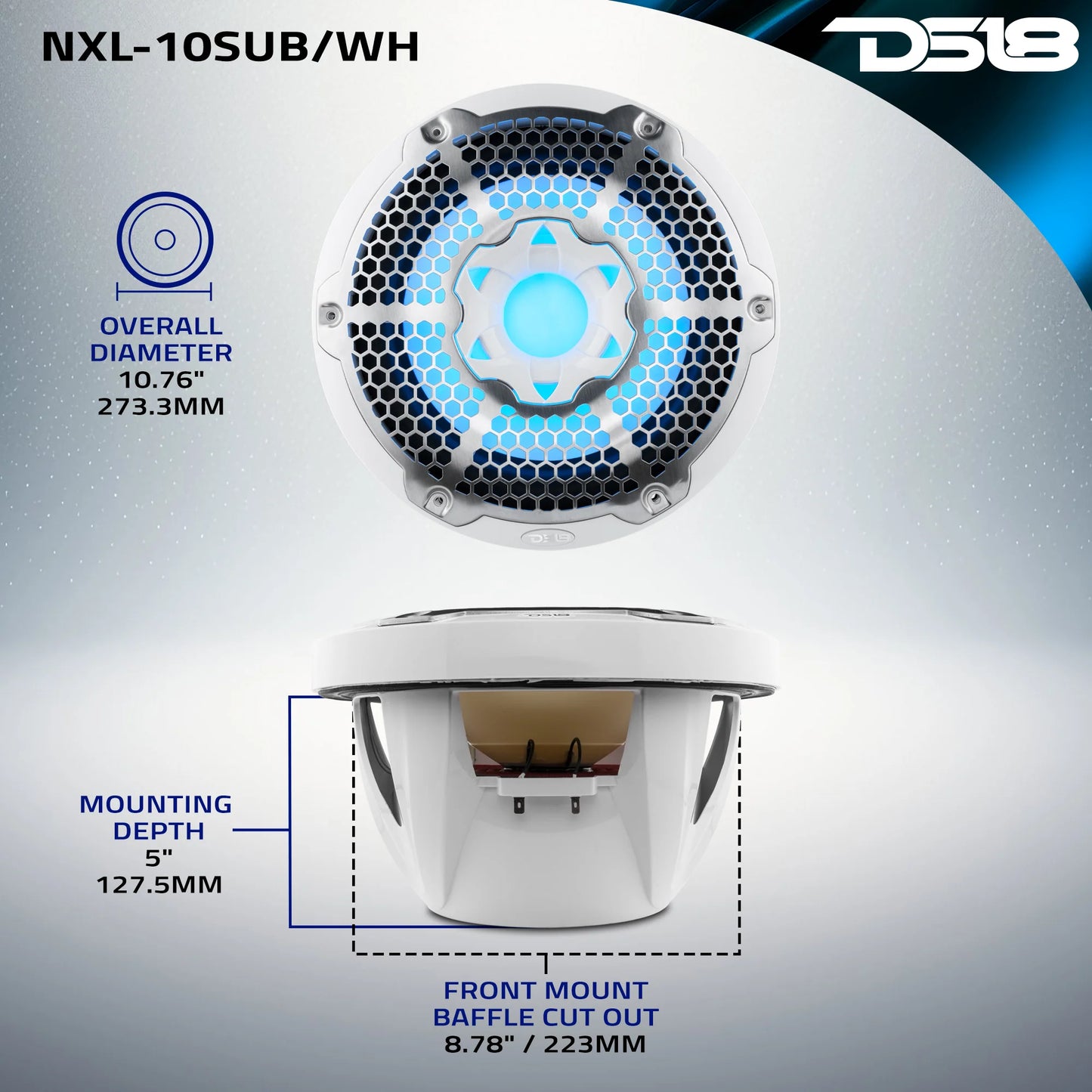 NXL 10" Marine Subwoofer With LED RGB Lights 300 Watts Rms SVC 4-Ohm -White