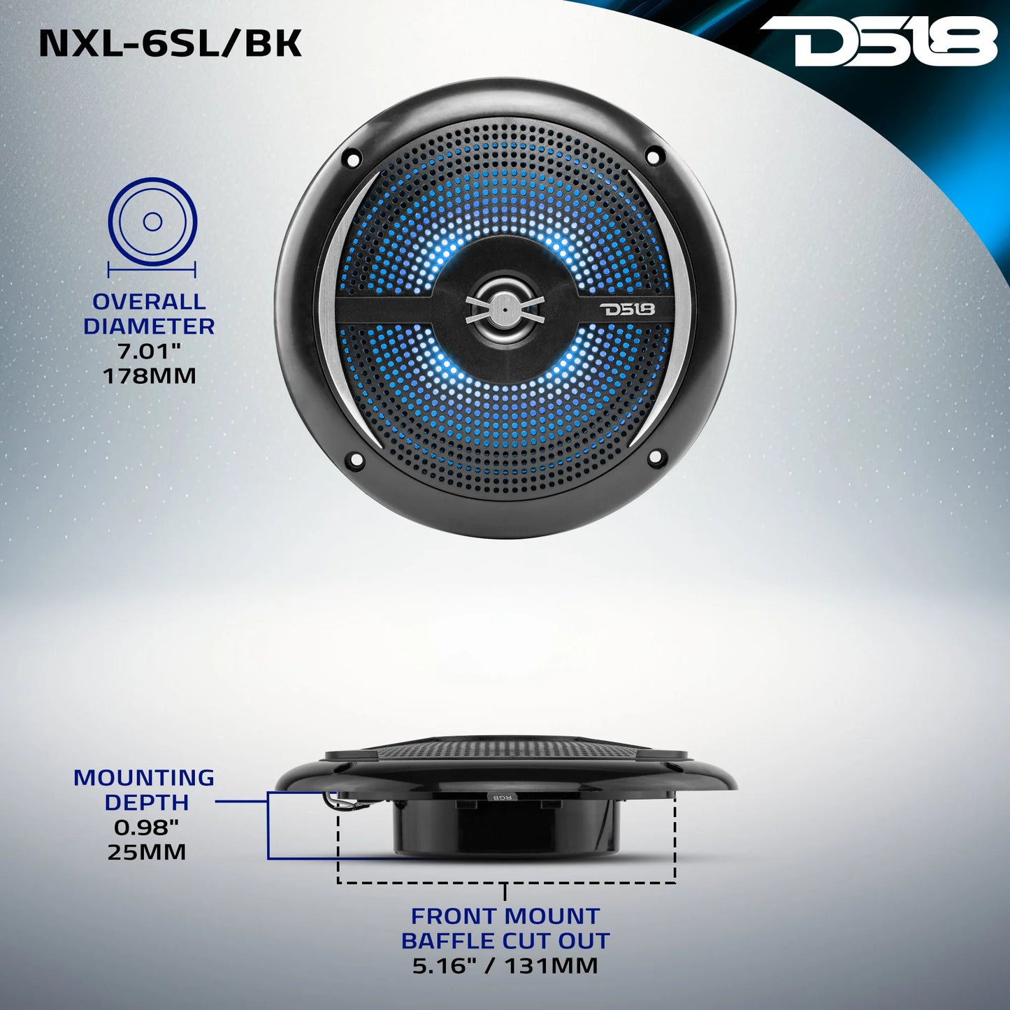 NXL 6.5" 2-Way Coaxial Marine Shallow Speaker With LED RGB Lights 25 Watts Rms 4-Ohm