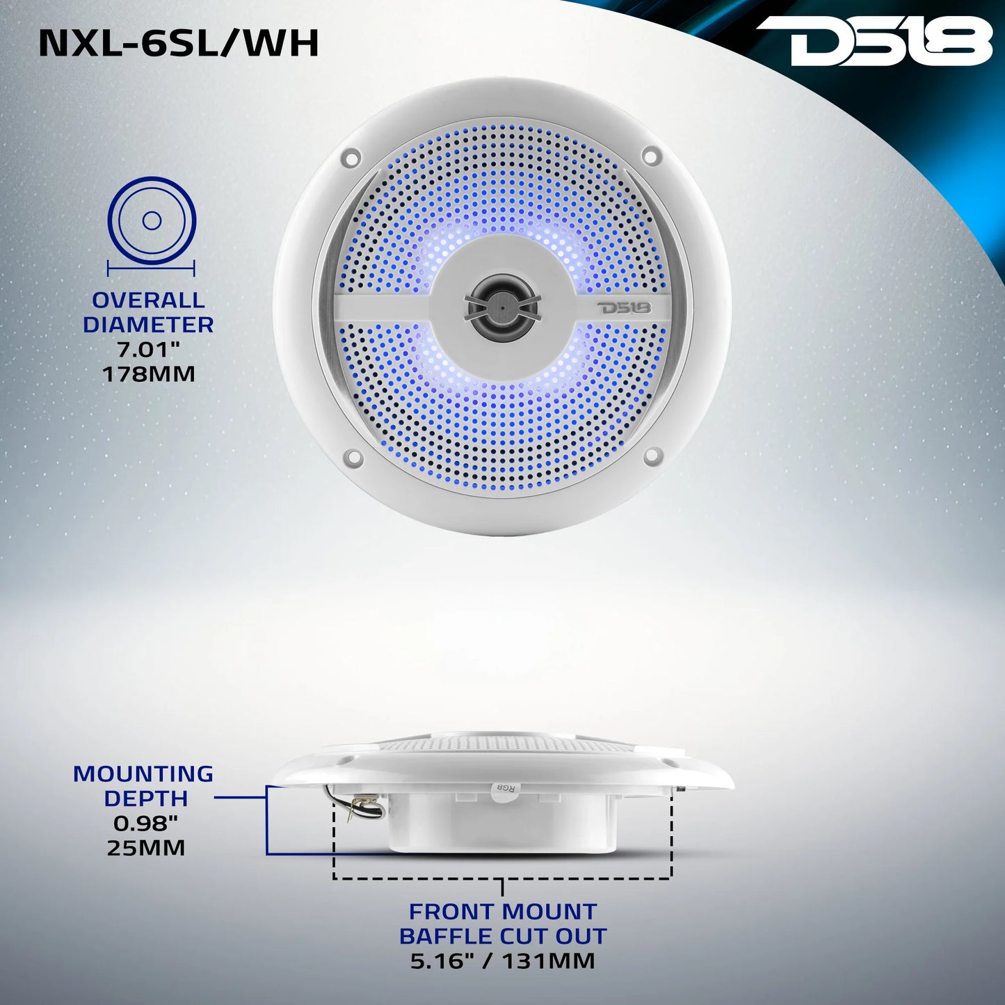 NXL 6.5" 2-Way Coaxial Marine Shallow Speaker With LED RGB Lights 25 Watts Rms 4-Ohm