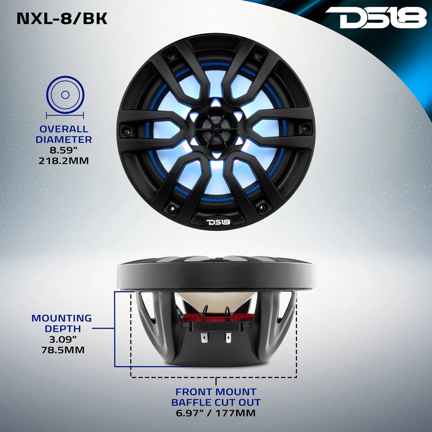 NXL 8" 2-Way Coaxial Marine Speaker With LED RGB Lights 125 Watts Rms 4-Ohm - Black