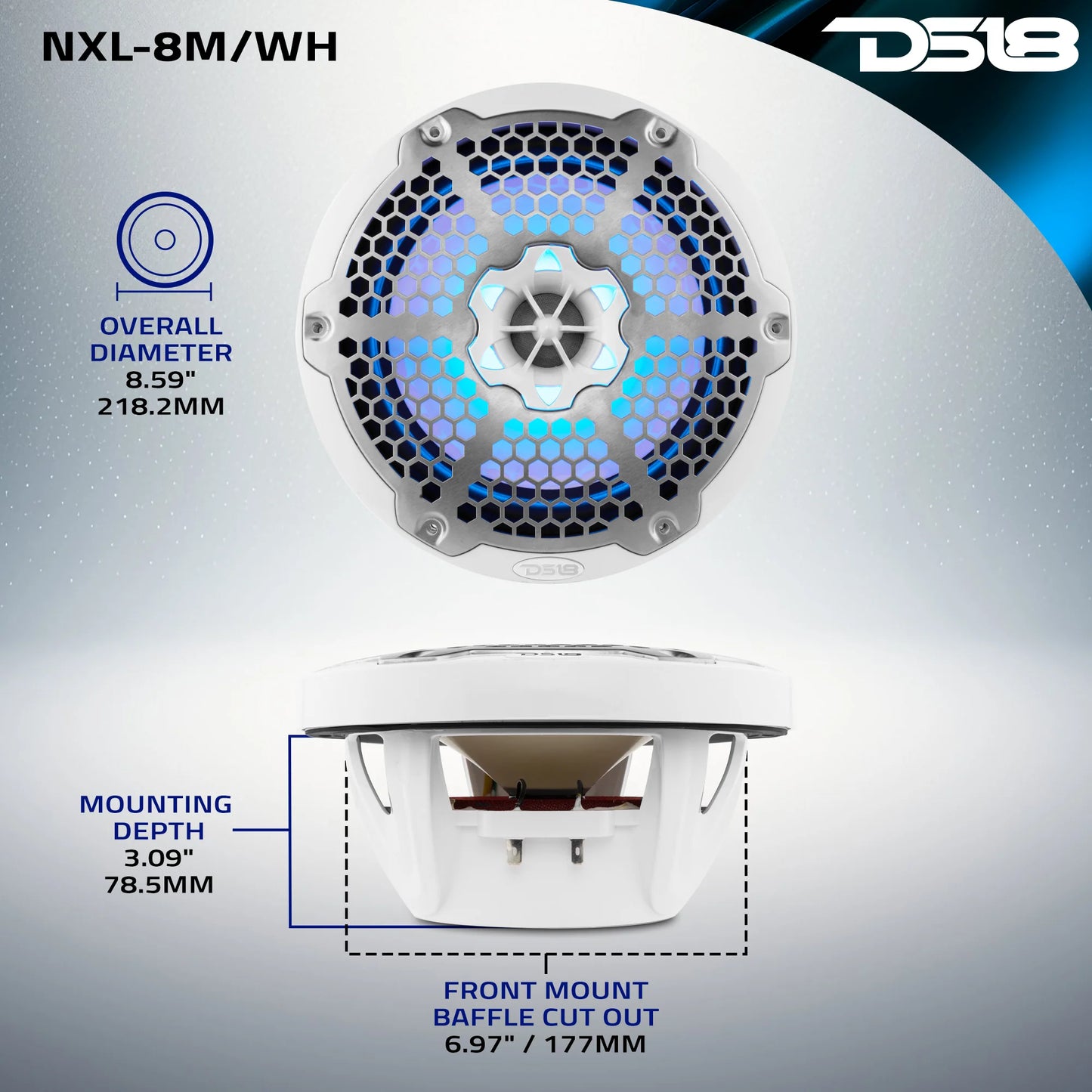 NXL 8" 2-Way Coaxial Marine Speaker With LED RGB Lights 125 Watts Rms 4-Ohm -White