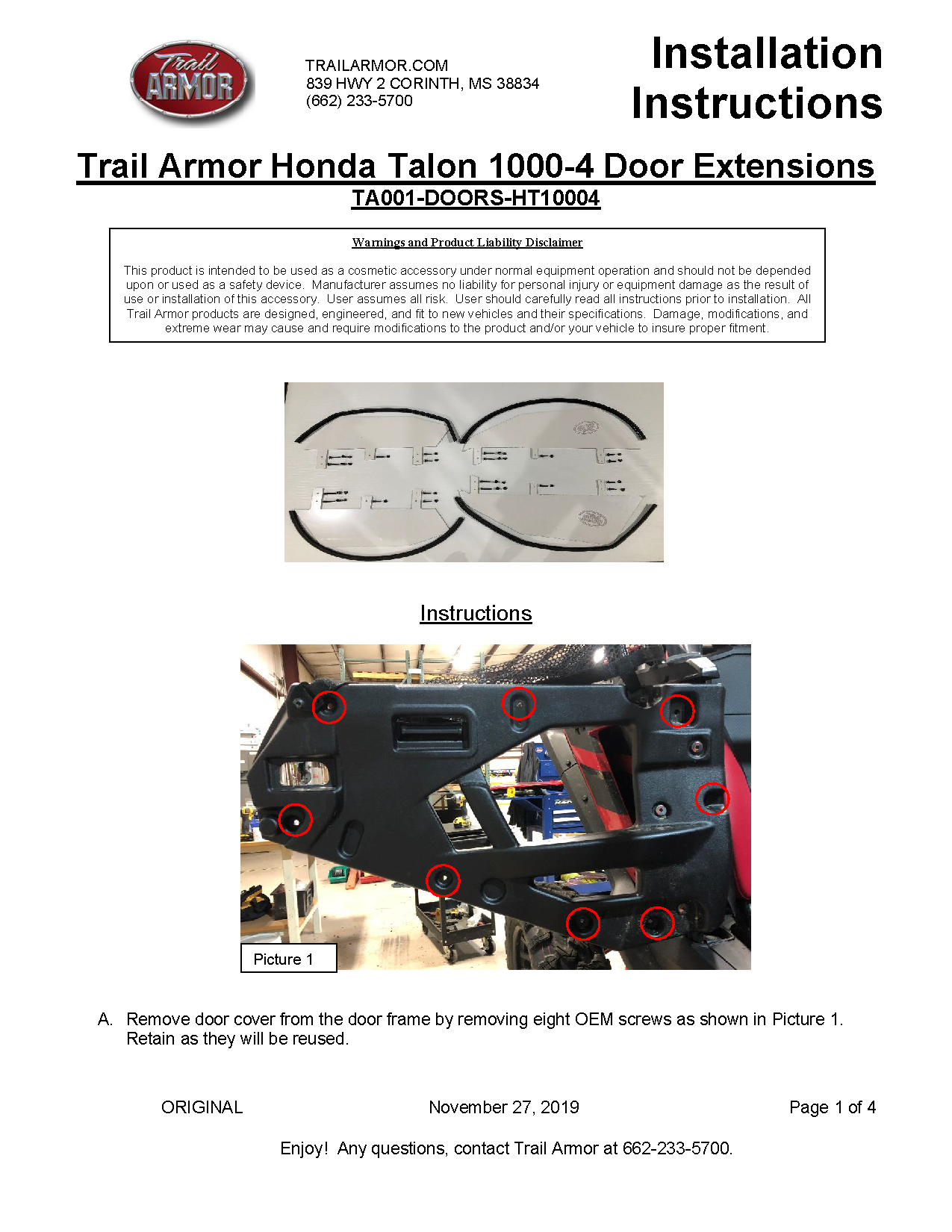 Trail Armor Honda Talon 1000X-4, 1000X-4 Live Valve Lower Door Insert Kit