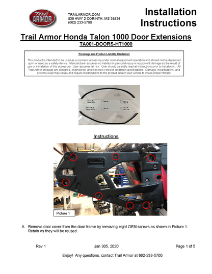 Trail Armor 2019 - 2022 Honda Talon 1000X, Talon 1000R, 2021 - 2022 Talon 1000R Fox Live Valve,Talon 1000X Fox Live Valve Lower Door Insert Kit