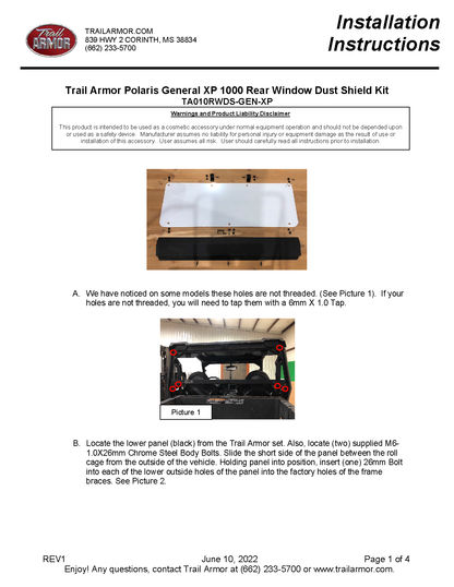 Trail Armor Polaris General XP 1000, General 1000, General 4 1000 and General XP 4 1000 Rear Window Dust Shield