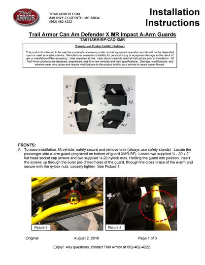 Trail Armor Can Am Defender and Can Am Defender Max iMpact A-Arm Guards for FACTORY ARCHED A-ARMS