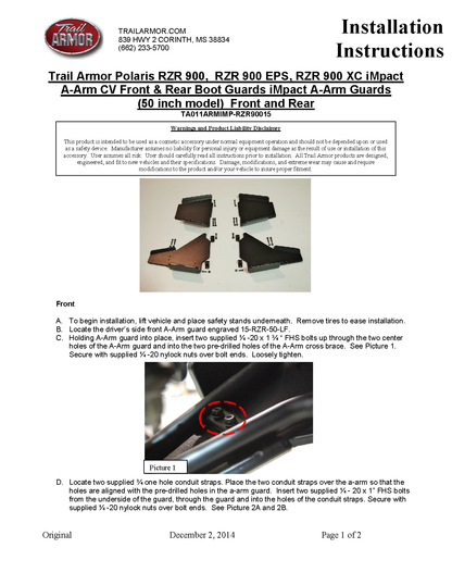 Trail Armor Polaris RZR 900, RZR 900 EPS, RZR 900 XC, RZR Trail 900 EPS, RZR Trail 900 Premium, RZR 900 Fox Edition  iMpact A-Arm Guards Front and Rear