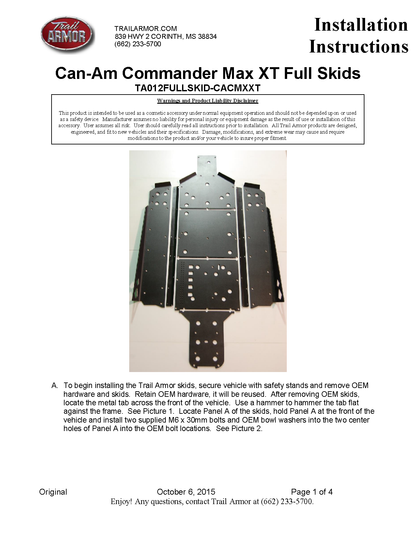 Trail Armor Can Am Commander Max XT, Commander Max and Commander Max Limited Full Skids with Integrated Slider Nerfs 2014-2020