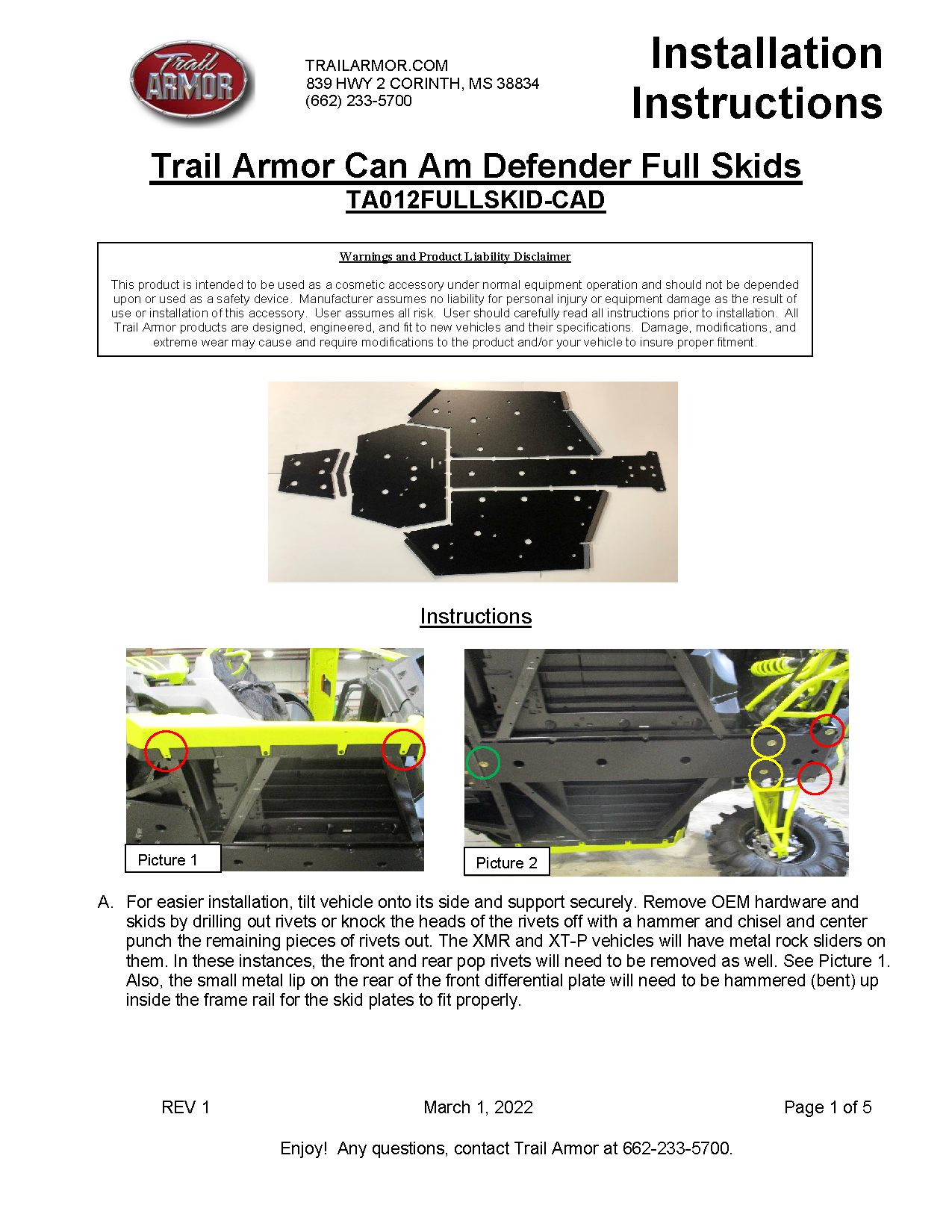 Trail Armor Can Am Defender HD5, Defender HD7, Defender HD8, Defender HD9, Defender HD10, Defender X MR, Defender DPS, Defender DPS CAB, Defender XT, Defender XT CAB, Defender Mossy Oak Hunt, Defender XT-P Full Skids 2016 - 2024