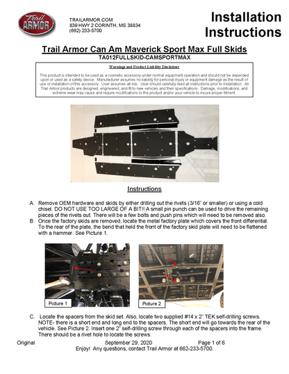 Trail Armor Can Am Maverick Sport Max DPS, Commander Max DPS 1000, Commander Max XT 1000, Commander Max XT-P 1000, Commander Max DPS 700, Commander Max XT 700, Commander Max X MR 1000 Full Skids 2020 - 2024