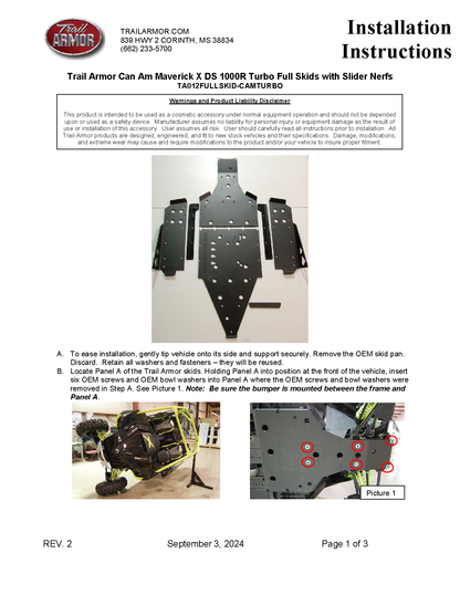 Trail Armor Can Am Maverick X DS Turbo (2015 - 2016), Can Am Maverick X RS Turbo (2016), Can Am Maverick Turbo (2016 - 2017) and Can Am Maverick X DS (non turbo 2015-2016) Full Skids with Slider Nerfs