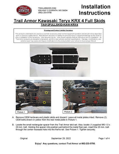 Trail Armor 2023 - 2024 Kawasaki KRX 4 1000 SE, KRX 4 1000 eS Special Edition and KRX 4 1000 eS Full Skids with Integrated Side Skid Plates