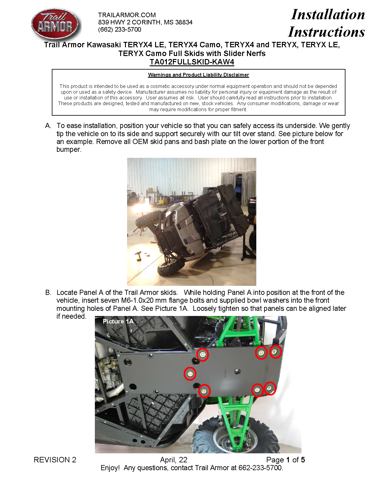 Trail Armor Kawasaki Teryx 4, Teryx 4 S, Teryx, and Teryx S Full Skids with Slider Nerfs