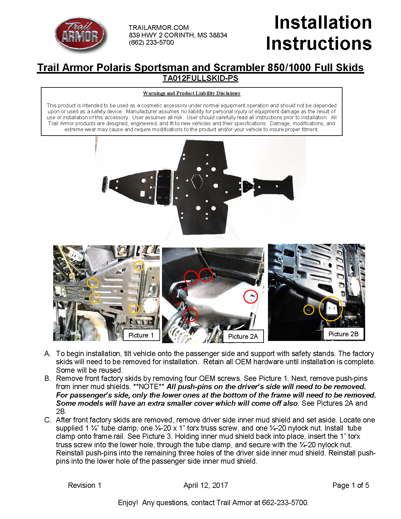 Trail Armor Sportsman 850/850 SP/1000 XP, Scrambler 850/1000 XP, Sportsman 850 Highlifter, Sportsman XP 1000 High Lifter Full Skid