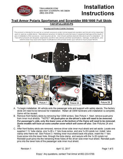 Trail Armor Sportsman 850/850 SP/1000 XP, Scrambler 850/1000 XP, Sportsman 850 Highlifter, Sportsman XP 1000 High Lifter Full Skid