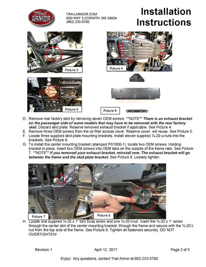 Trail Armor Sportsman 850/850 SP/1000 XP, Scrambler 850/1000 XP, Sportsman 850 Highlifter, Sportsman XP 1000 High Lifter Full Skid