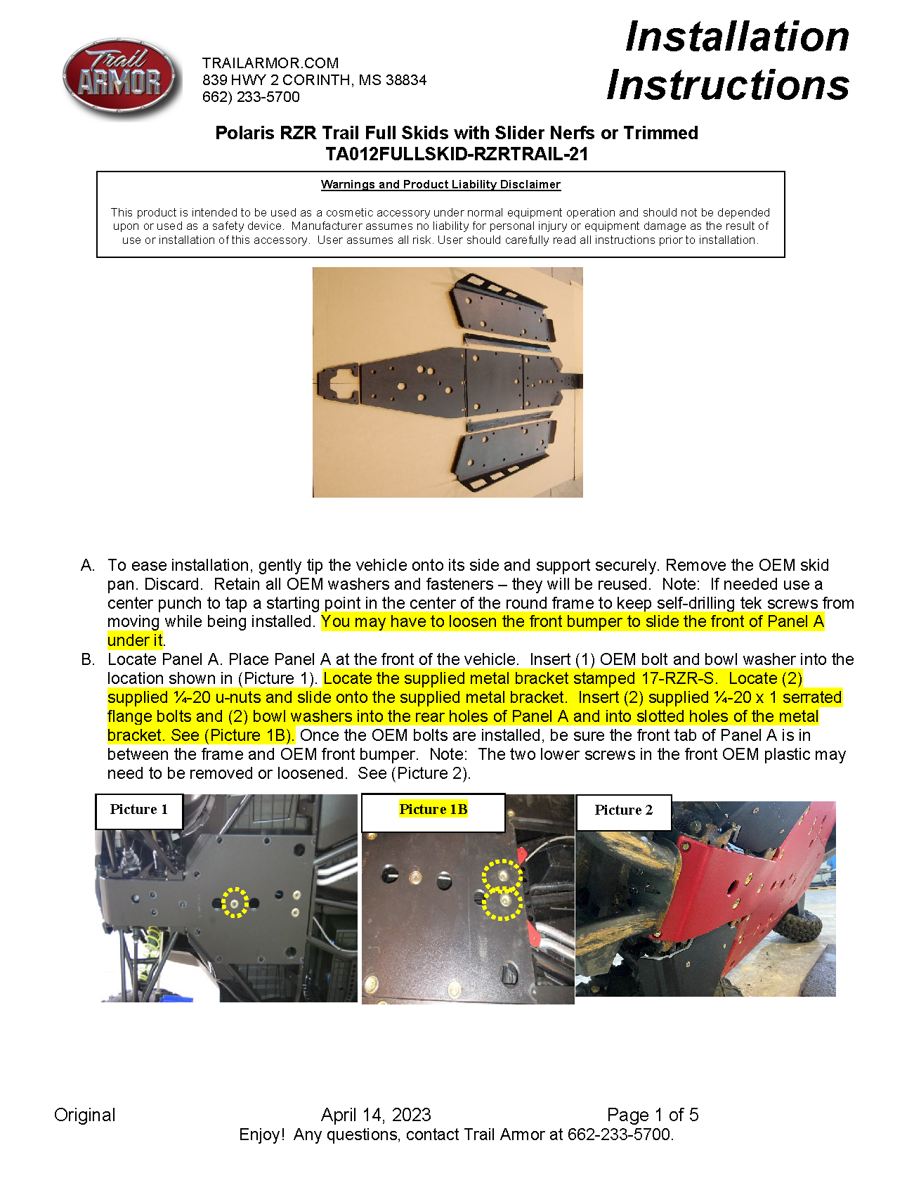 Trail Armor Polaris RZR Trail, Trail S 900 and Trail S 1000 Full Skids with Slider Nerfs or Trimmed for Polaris Kick Out Steel Rock Sliders 2021 - 2024