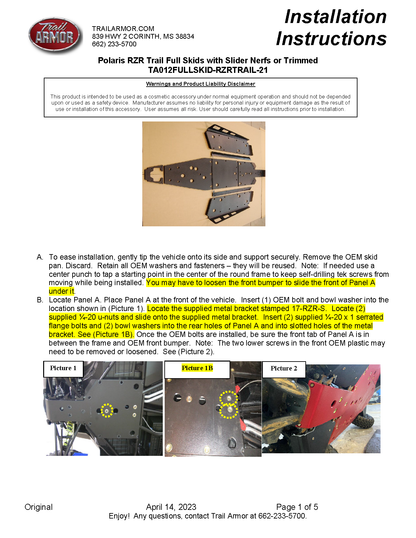 Trail Armor Polaris RZR Trail, Trail S 900 and Trail S 1000 Full Skids with Slider Nerfs or Trimmed for Polaris Kick Out Steel Rock Sliders 2021 - 2024