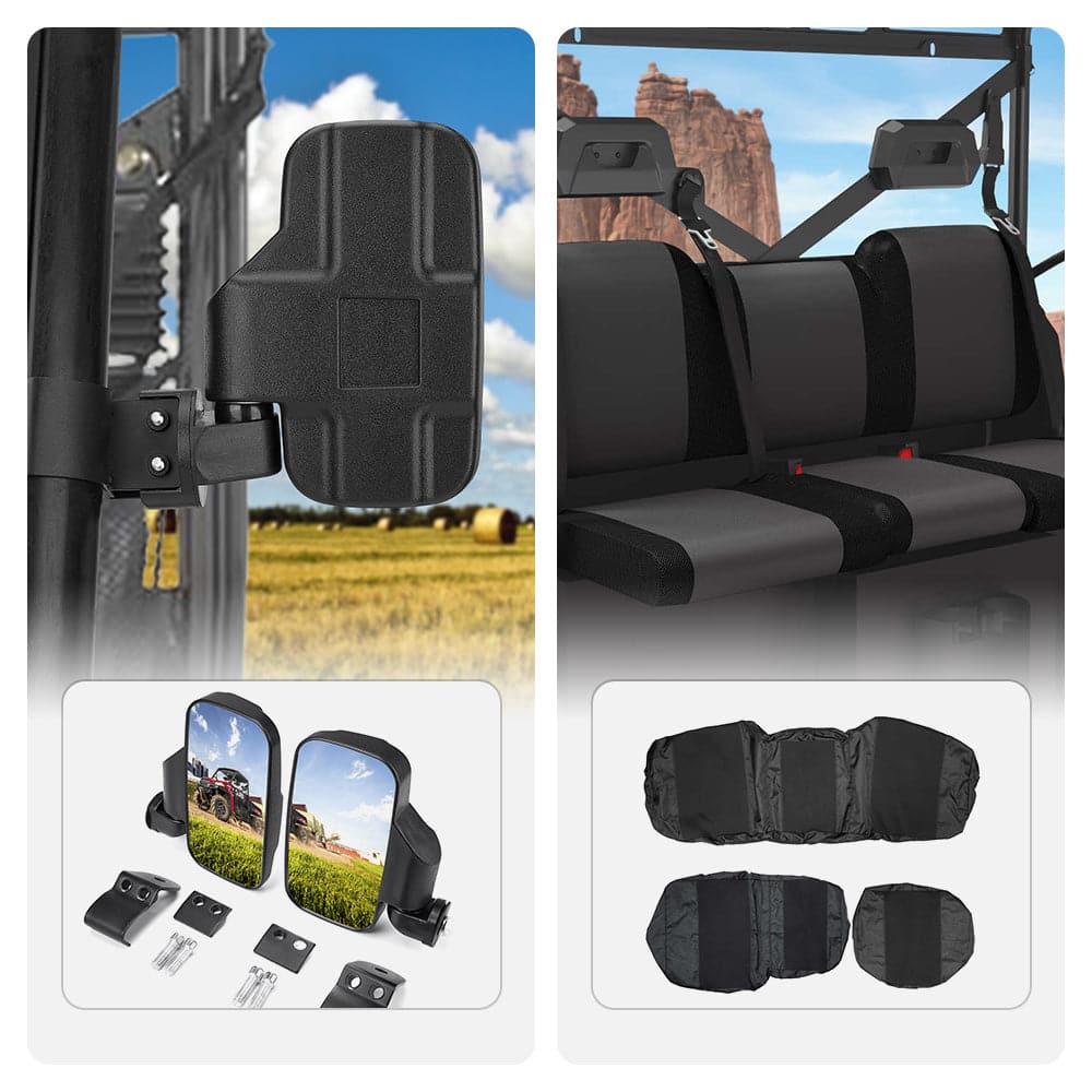 Adjustable Break Away Side Mirrors & UTV Waterproof Seat Cover Fit Polaris Ranger