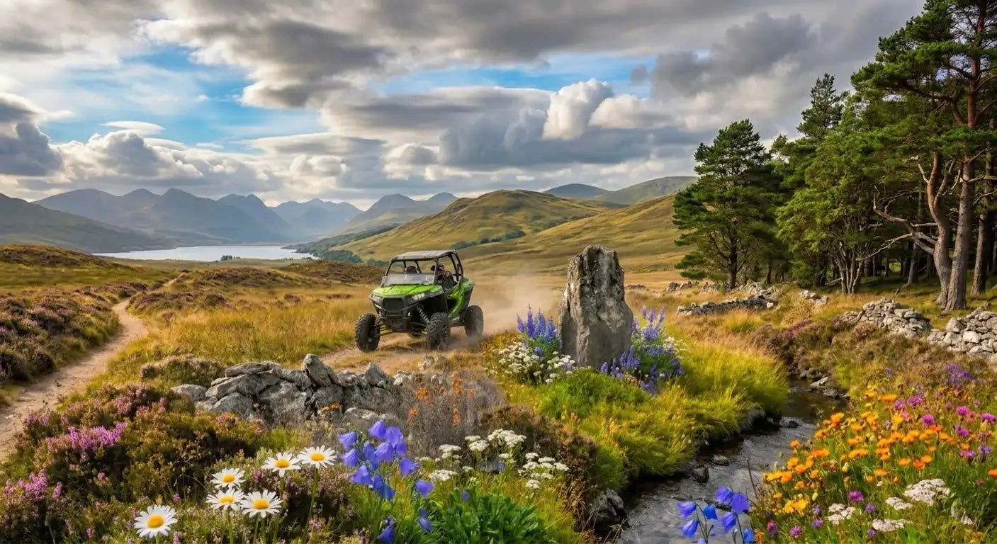 Green all-terrain vehicle driving through a scenic, flower-filled landscape