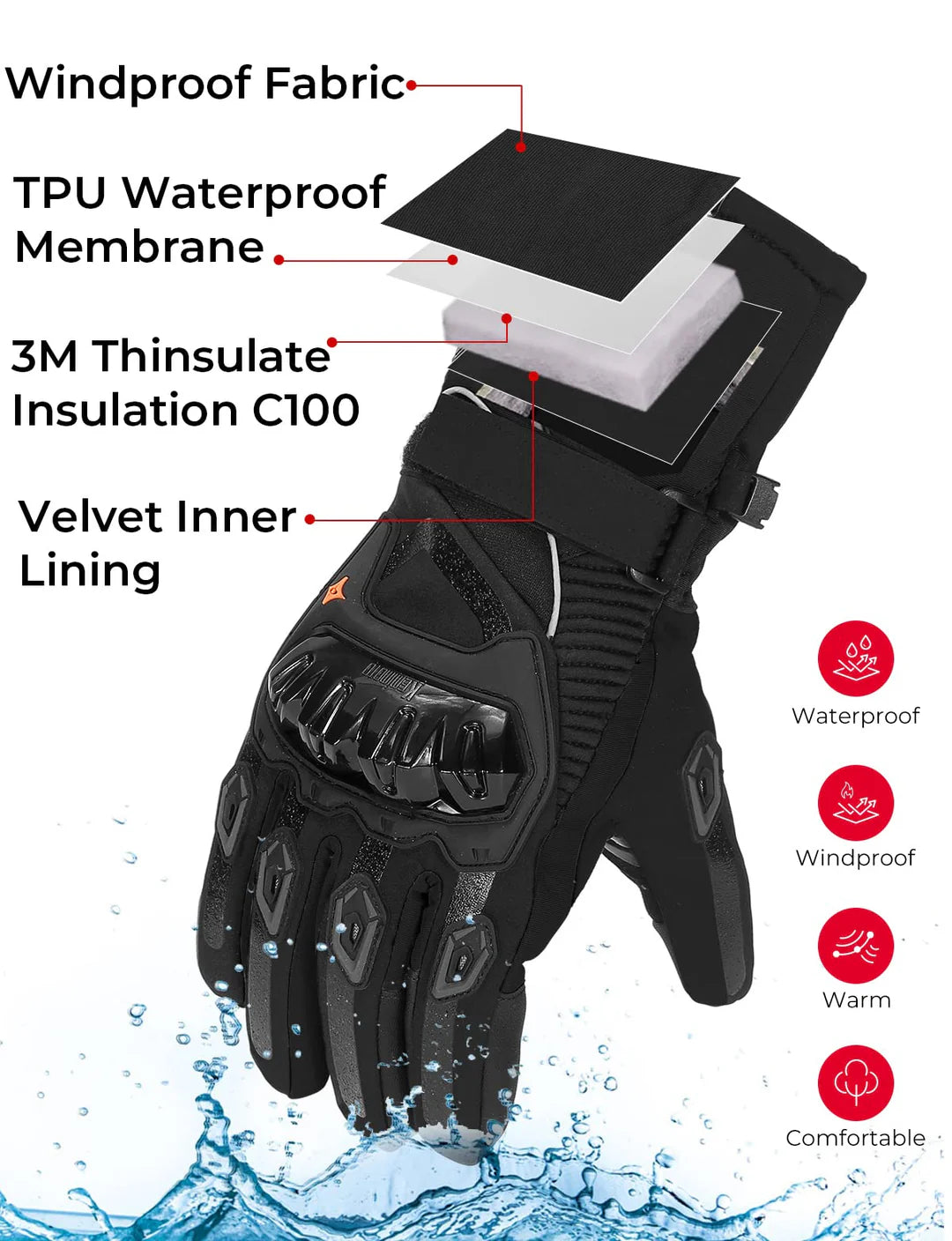 Winter Motorcycle Gloves, Rainproof Riding Gloves with Touchscreen