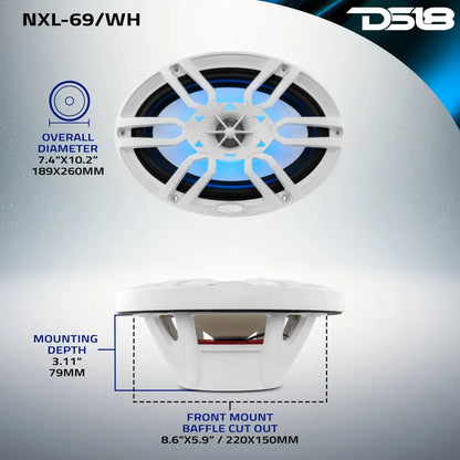NXL 6x9’’ 2-Way Coaxial Marine Speaker With LED RGB Lights 125 Watts Rms 4-Ohm -White