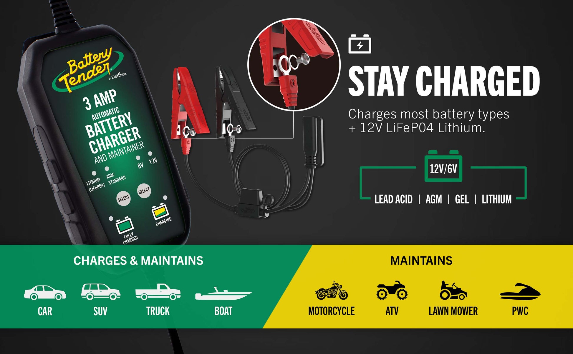 Power Tender® 3 Amp 12V/6V Battery Charger and Maintainer - Battery