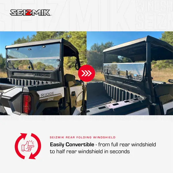 Seizmik UV Resistant Polycarbonate Rear Folding Windshield for Kawasaki Ridge Ranch Edition - Windshields