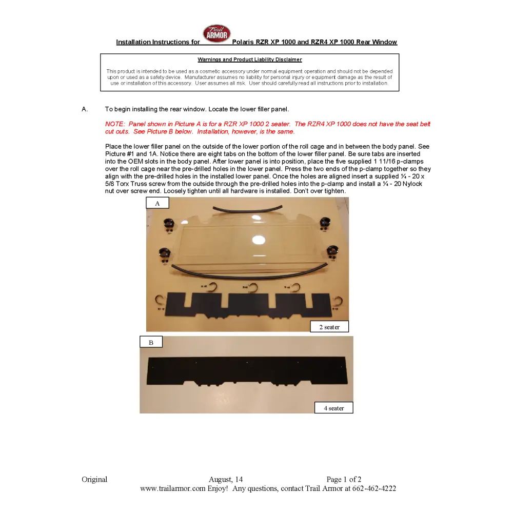 Trail Armor 2014 - 2023 RZR XP 1000 (Standard Sport Premium Ultimate Desert Edition Trails and Rocks) and 2016 - 2021