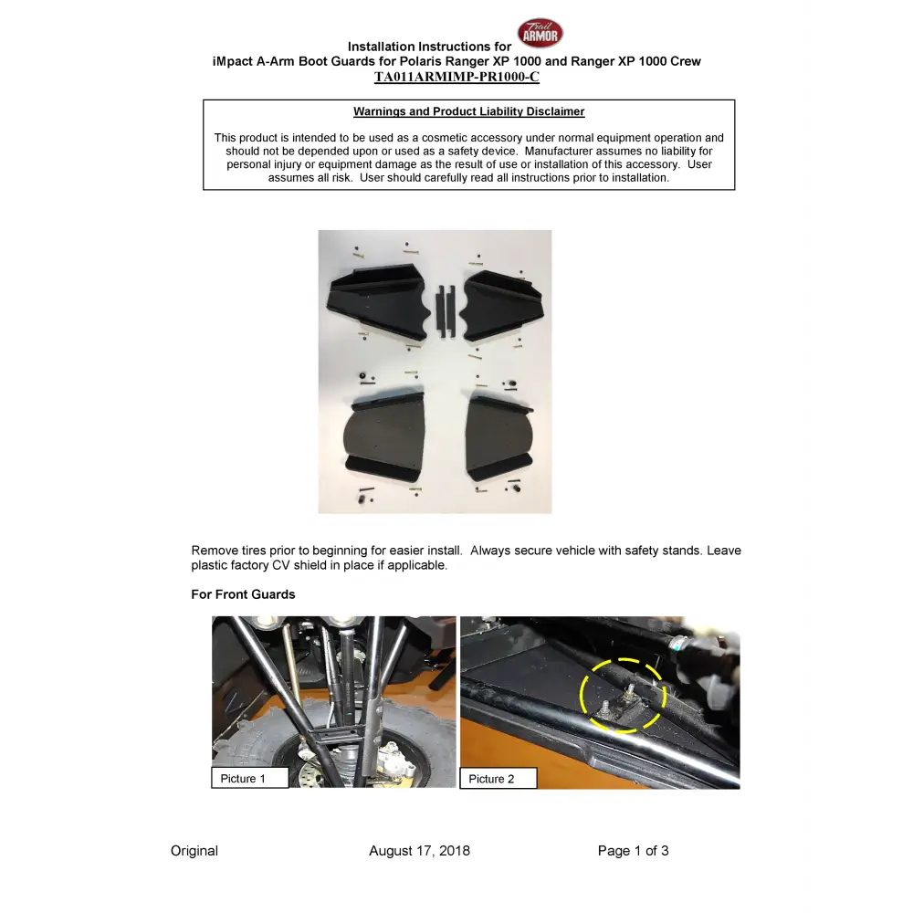 Trail Armor 2018 - 2020 Ranger XP 1000 2019 - 2020 Ranger XP 1000 Crew and 2020 Ranger 1000 iMpact A-Arm Guards - A-Arm