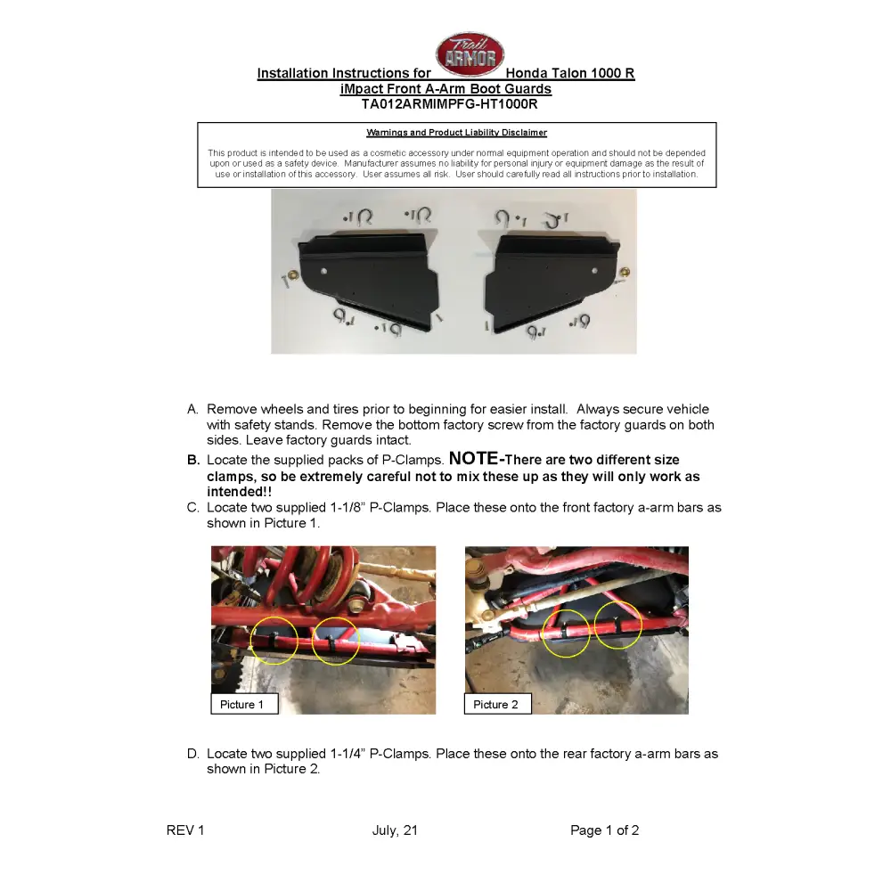 Trail Armor 2019 - 2022 Honda Talon 1000 R 2021 - 2022 Talon 1000 R Fox Live Valve Edition 2023 Talon 1000 RS Fox Live