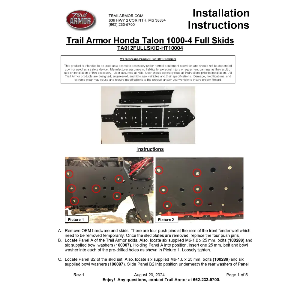Trail Armor 2020 - 2022 2024 Honda Talon 1000X-4 2020 - 2024 Talon 1000S-4 Fox Live Valve 2023 Talon 1000XS-4 Talon
