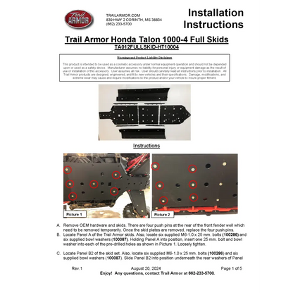 Trail Armor 2020 - 2022 2024 Honda Talon 1000X-4 2020 - 2024 Talon 1000S-4 Fox Live Valve 2023 Talon 1000XS-4 Talon