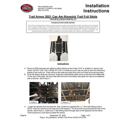 Trail Armor 2020 - 2024 Can Am Maverick Trail Maverick Sport and Commander Full Skids with Integrated Slider Nerfs